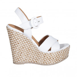 Woman's strap sandal in white leather with platform and braided wedge heel 12 - Available sizes:  43