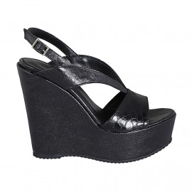 Sandale pour femmes en cuir imprimé lamé noir avec platforme et talon compensé 12 - Pointures disponibles:  31, 32, 43