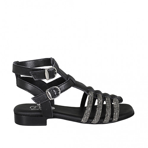 Sandalo da donna con cinturini e strass in pelle nera tacco 2 - Misure disponibili: 32