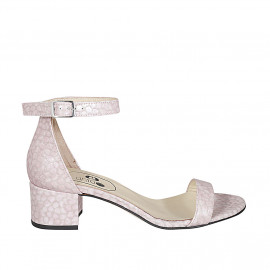 Woman's open shoe with strap in lilac printed patent leather heel 5 - Available sizes:  32, 33, 34, 42, 43, 44, 45, 46