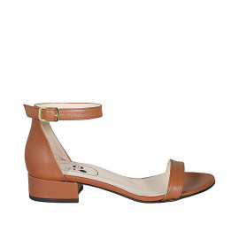 Woman's open shoe in cognac brown leather with strap heel 3 - Available sizes:  32, 42, 44