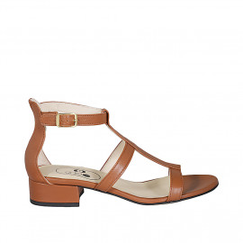 Woman's open shoe with strap in cognac brown leather heel 3 - Available sizes:  32, 43, 45