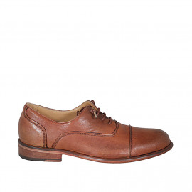 Men's Oxford shoe with laces and captoe in tan brown leather - Available sizes:  46, 48, 50