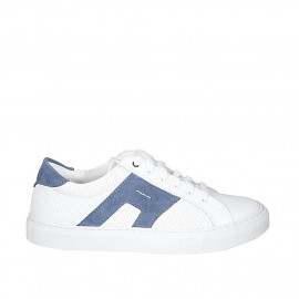 Man's laced shoe with removable insole in white leather and pierced leather and blue nubuck leather - Available sizes:  38, 46, 47, 48