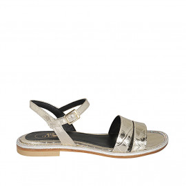 Woman's sandal with rhinestones and strap in platinum laminated printed patent leather heel 1 - Available sizes:  33, 34