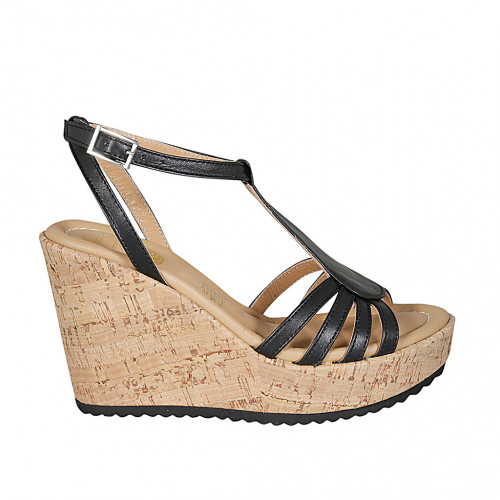 Woman's strap sandal in black leather wedge heel 10 - Available sizes:  43