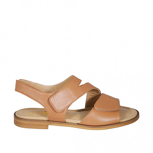 Woman s sandal in tan brown leather with velcro straps heel 1