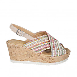 Woman's sandal in multicolored raffia and beige suede with platform and wedge heel 7 - Available sizes:  42, 43, 45