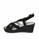 Woman's sandal in black suede and laminated fabric with platform wedge heel 7 - Available sizes:  42, 43, 45