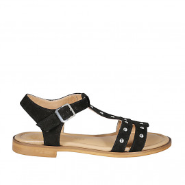 Sandalia para mujer en gamuza negra con cinturon, tachuelas y tacon 1 - Tallas disponibles:  33, 34, 42