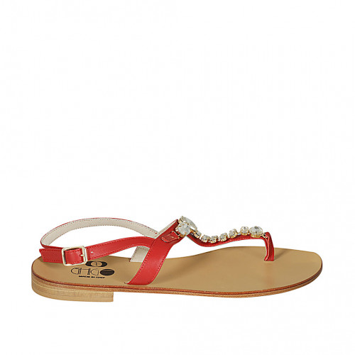 Sandalia de dedo en piel roja para mujer con estras tacon 2 - Tallas disponibles:  42, 43, 44