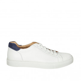 Man's laced shoe with removable insole in white leather and blue suede - Available sizes:  47