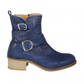 Woman's boot with zipper and buckles in blue leather and pierced leather heel 4 - Available sizes:  33, 43