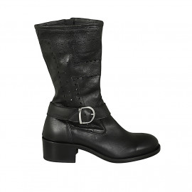 Woman's boot with zipper and buckle in black leather and pierced leather heel 4 - Available sizes:  33