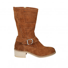 Woman's ankle boot in tan brown suede and pierced suede with zipper and buckle heel 4 - Available sizes:  33, 43