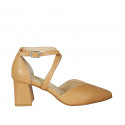 Woman's pointy open shoe with crossed strap in tan brown leather heel 6 - Available sizes:  44