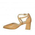 Woman's pointy open shoe with crossed strap in tan brown leather heel 6 - Available sizes:  44