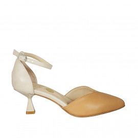 Woman's pointy open shoe with strap in nude and tan brown leather heel 6 - Available sizes:  43, 44, 45