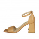 Woman's open shoe in tan brown leather with ankle strap heel 7 - Available sizes:  42, 43, 44