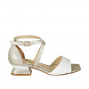 Woman's open shoe with crossed strap in white and platinum laminated leather heel 4 - Available sizes:  42, 43, 44, 45