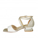 Woman's open shoe with crossed strap in white and platinum laminated leather heel 4 - Available sizes:  42, 43, 44, 45