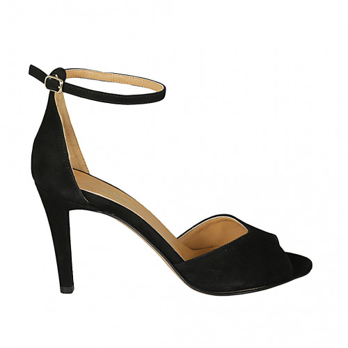 Woman's open shoe with strap in black suede heel 8 - Available sizes:  42, 43, 45