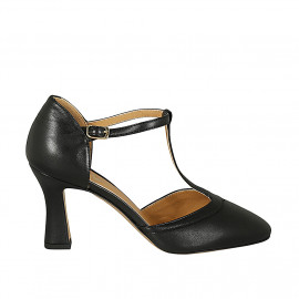 Woman's T-strap open shoe in black leather heel 8 - Available sizes:  31, 42