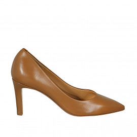 Women's pointy pump in cognac brown leather with heel 8 - Available sizes:  31, 42