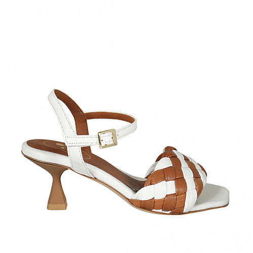 Woman's strap sandal in white and cognac brown braided leather heel 6 - Available sizes:  43