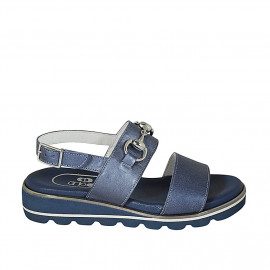 Woman's sandal with accessory in blue laminated leather wedge heel 3 - Available sizes:  32, 43