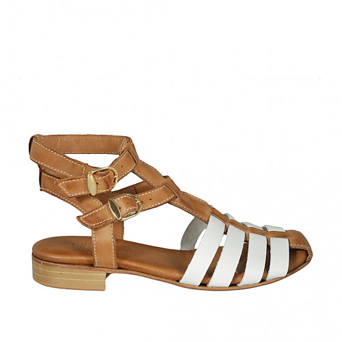 Woman's sandal with straps in white and cognac brown leather heel 2 - Available sizes:  42