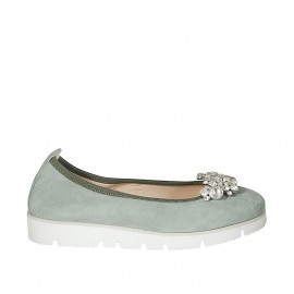 Woman's ballerina shoe in sage green suede with removable rhinestone clip-on wedge heel 3 - Available sizes:  42