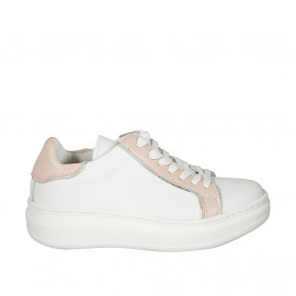 Chaussure pour femmes à lacets avec semelle amovible en cuir blanc et rose talon compensé 4 - Pointures disponibles:  44