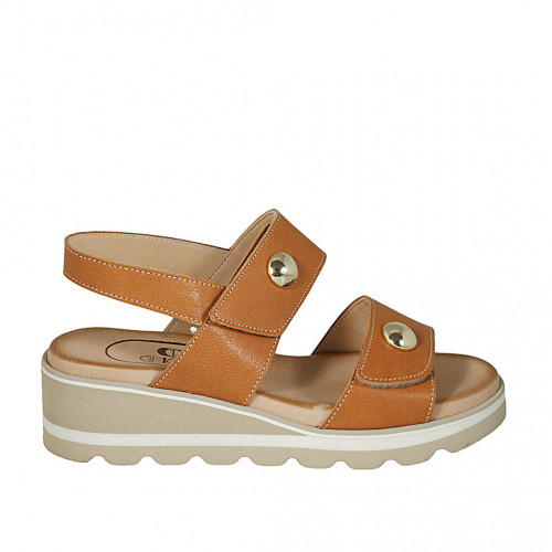 Woman's sandal with velcro strap and studs in cognac brown leather wedge heel 4 - Available sizes:  43