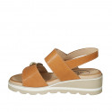 Woman's sandal with velcro strap and studs in cognac brown leather wedge heel 4 - Available sizes:  43