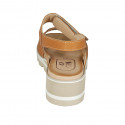 Woman's sandal with velcro strap and studs in cognac brown leather wedge heel 4 - Available sizes:  43