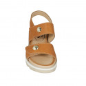 Woman's sandal with velcro strap and studs in cognac brown leather wedge heel 4 - Available sizes:  43