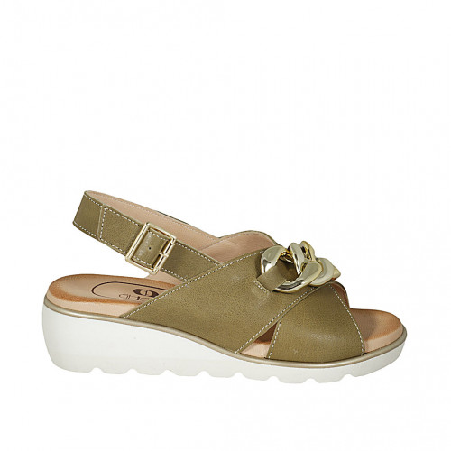 Woman's sandal with chain in green leather wedge heel 4 - Available sizes:  42, 43, 44