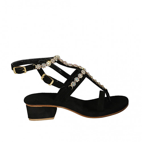 Woman's thong sandal in black suede with rhinestones and strap heel 3 - Available sizes:  34