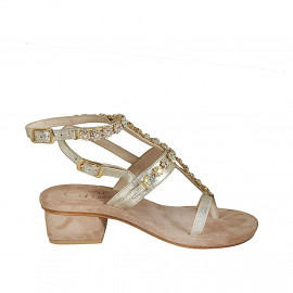 Woman's thong sandal in platinum laminated leather with rhinestones and strap heel 3 - Available sizes:  42, 46