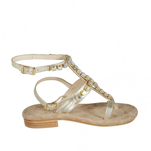 Woman's thong sandal in platinum laminated leather with rhinestones and strap heel 2 - Available sizes:  33