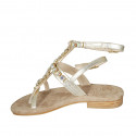 Woman's thong sandal in platinum laminated leather with rhinestones and strap heel 2 - Available sizes:  33