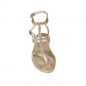 Woman's thong sandal in platinum laminated leather with rhinestones and strap heel 2 - Available sizes:  33