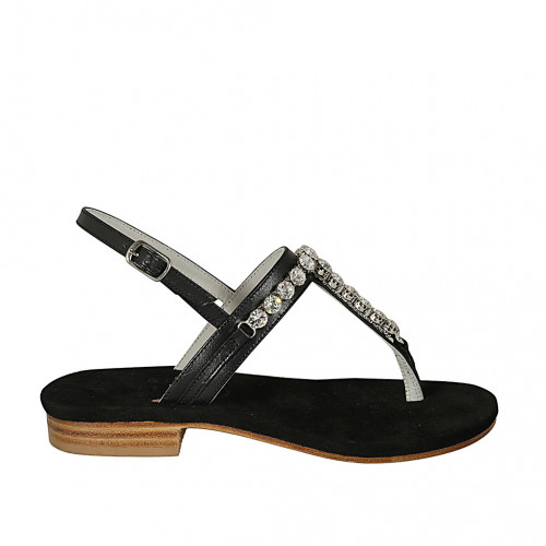 Woman's thong sandal with rhinestones in black leather heel 2 - Available sizes:  42