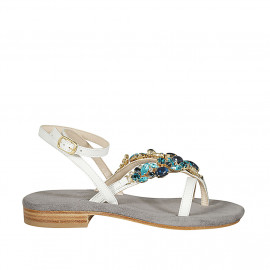 Woman's thong sandal in white leather with blue rhinestones and strap heel 2 - Available sizes:  42