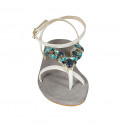 Woman's thong sandal in white leather with blue rhinestones and strap heel 2 - Available sizes:  42