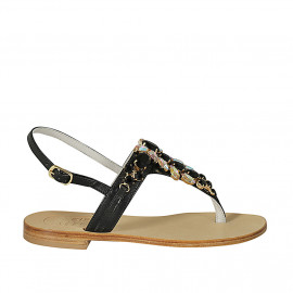 Thong sandal in black leather with rhinestones heel 2 - Available sizes:  42, 45, 46