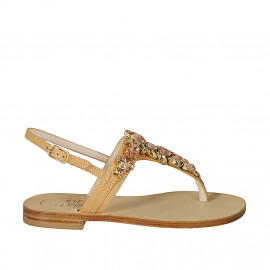 Woman's thong sandal in beige leather with rhinestones heel 2 - Available sizes:  42