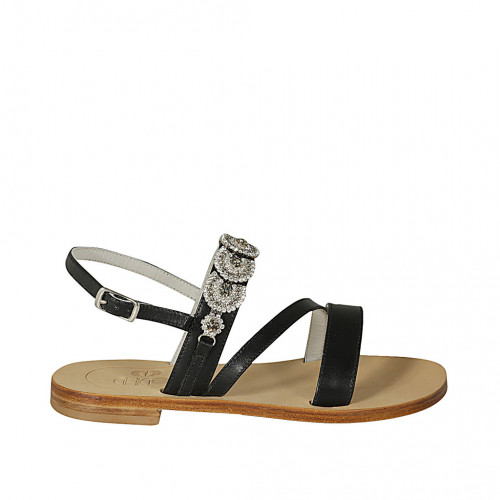 Woman's sandal with rhinestones in black leather heel 2 - Available sizes:  33, 34, 42, 46