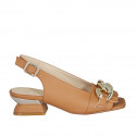 Woman's sandal with chain and fringes in cognac brown leather heel 4 - Available sizes:  32, 42, 43